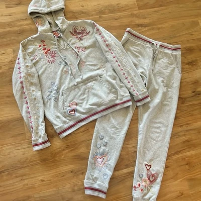 Johnny Was Terry Joggers Hoodie Set Gray Embroidered Amore Coquette Woman’s S - Image 1 of 4