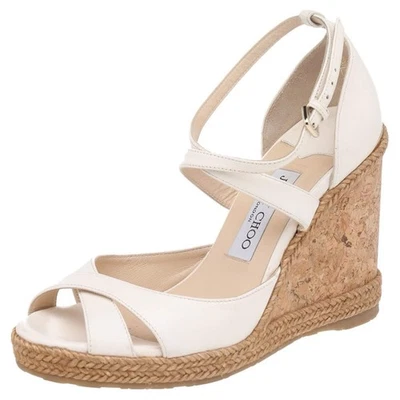 Jimmy Choo White Leather Cork Wedge Sandals Size 37.5  - Image 1 of 4