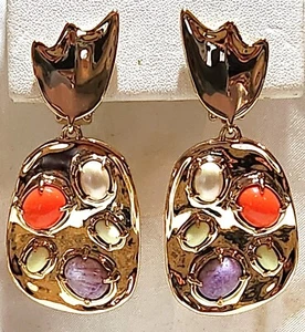 Designer Signed Alexis Bittar Cabochon Clip On Dangle Drop Earrings - Picture 1 of 10