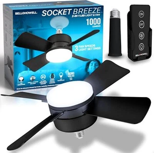 Bell+Howell Socket Breeze Deluxe, Small Ceiling Fan with LED Light and Remote, - Picture 1 of 8
