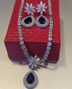 18k White Gold Plated Necklace Earrings Set made w/ Swarovski Lab Blue Sapphire