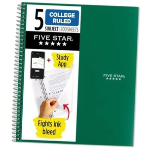 Spiral Notebook + Study App, 5 Subject, College Ruled Paper, Fights Ink Green - Picture 1 of 7
