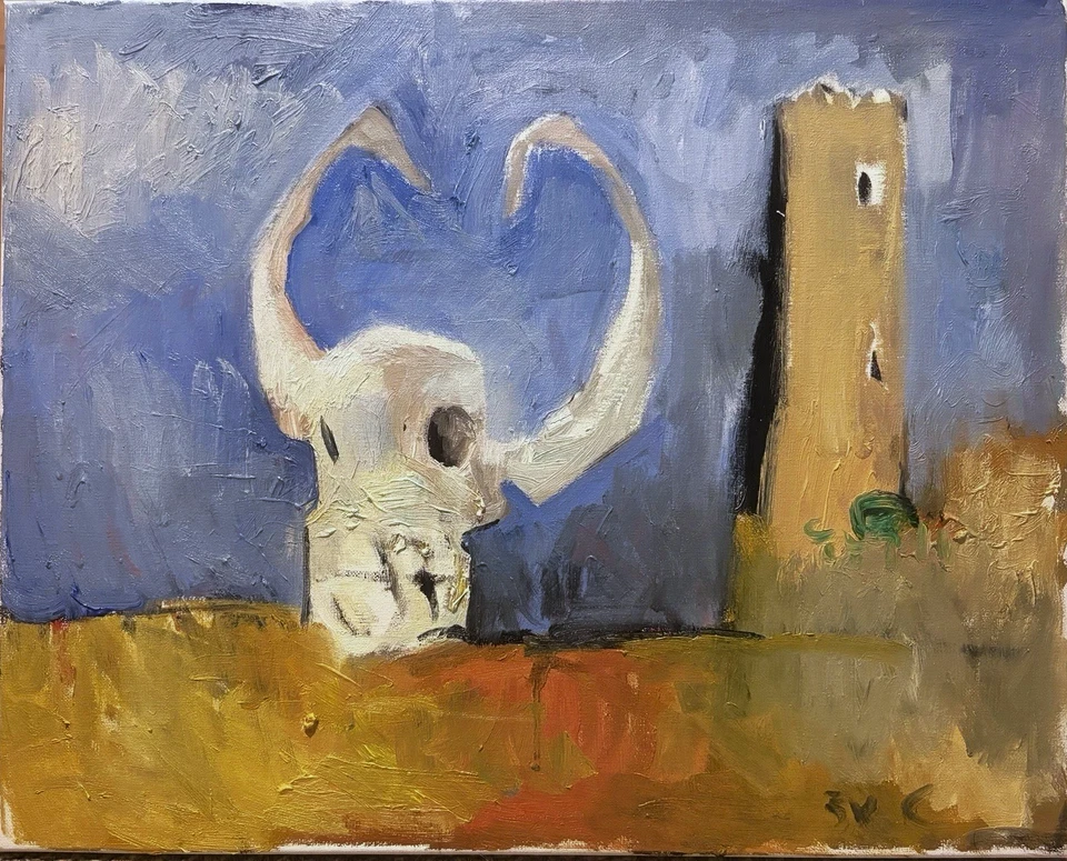 Pintura al óleo cubismo paisaje calavera occidental 16”x20” lienzo original firmado  Foto 1 de 2