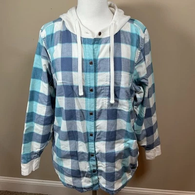 Cabide feminino LL Bean com capuz tamanho grande azul marfim xadrez forrado botões 515064 - Imagem 1 de 4