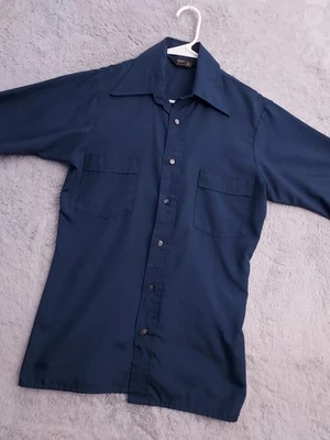 Vintage JC Penney Shirt Mens Small 14 14.5 Blue Polyester Pockets Slim 70s - Image 1 of 4