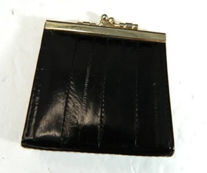 Genuine Eel Skin Kiss Lock Coin Purse Black Small Made in Korea Preowned Vintage - Picture 1 of 15
