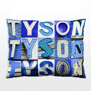 Personalized Pillow featuring the name TYSON in photos of BLUE sign letters - Picture 1 of 1
