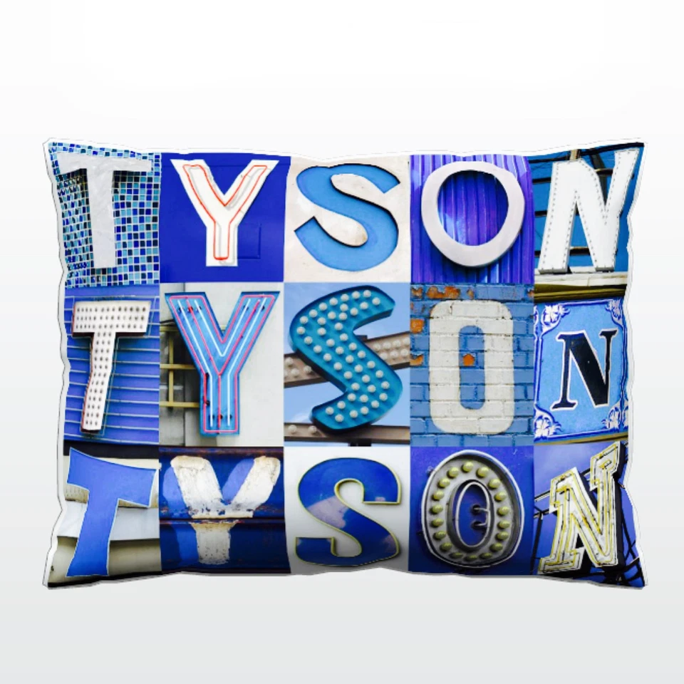 Personalized Pillow featuring the name TYSON in photos of BLUE sign letters - Image 1 of 1