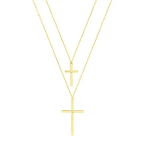 Adjustable 2pt Diamond Double Strand Cross Necklace Real 14K Yellow Gold 18" - Picture 1 of 2