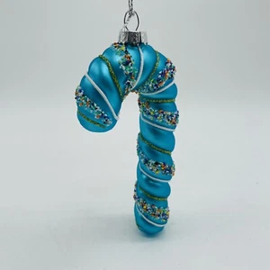 Ornamento canna di caramelle in vetro spruzzato blu cento 80 gradi  - Foto 1 di 5