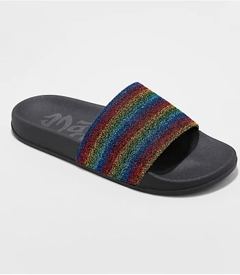 WOMENS MAD LOVE RAINBOW GLITTER SPARKLE FABRIC BAND SLIP-ON SLIDE SANDAL, MULTI - Image 1 of 3