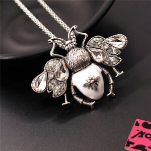 Betsey Johnson Charm White Enamel Crystal Insect Bee Pendant Chain Necklace