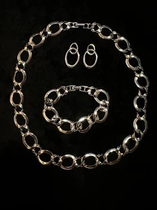 Monet Silver Statement Link Necklace Earring Bracelet Set 1985 - 1986 Signed - Picture 1 of 5