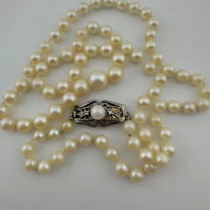 Vintage 14K Gold & Diamond Pearl Strand Necklace Graduated 5-8mm 20" - Picture 1 of 8