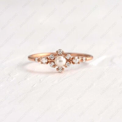 14k Yellow Gold Pearl & Natural Diamond Stackable Ring Gift For Wedding Jewelry - Image 1 of 4