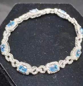 Neu Blautopas und Diamant .925 Sterlingsilber 7,5" Tennisarmband - Bild 1 von 3