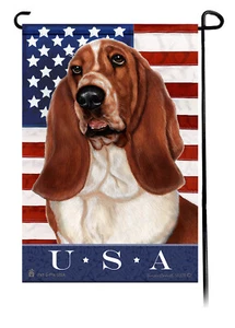 Patriotic USA Garden Flag - Red and White Basset Hound 010A - Picture 1 of 1