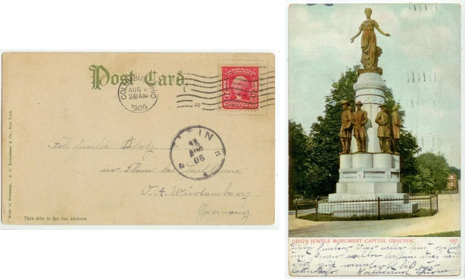 1905 Columbus Ohio Civil War Monument ppc to Germany - 2ct Shield - Image 1 of 1