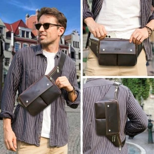 Contacts Flap Style Men's Leather Waist Bag Chest Bag Crossbody Bag For Charger - Picture 1 of 9