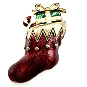 Weihnachtsstrumpf Brosche Anstecknadel rot & grün Emaille goldfarben Metall unbeschriftet - Bild 1 von 4