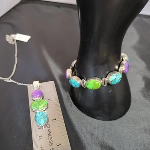 Turquoise 925 Sterling Silver 3 Stone Pendant & Bracelet Set. New - Picture 1 of 9