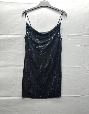 Mini Vestido Topshop Mujer Negro Plata Lentejuelas Correa Espagueti Talla 10 Forrado Foto 1 de 4