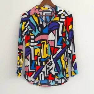 Big Dart Abstract Art Long Sleeve Button Up Blouse Women's Geometric Retro S - Picture 1 of 5