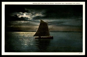 Postcard Moonlight Sailing on Grand Traverse Bay, Traverse City, MI - Picture 1 of 2