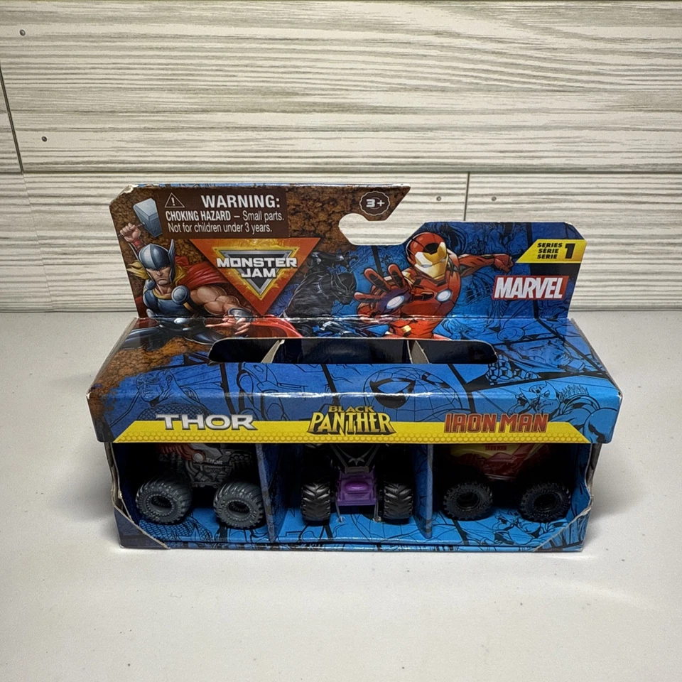 Monster Jam Marvel Series 1 MINI Trucks 3 Pack Thor Iron Man & Black Panther