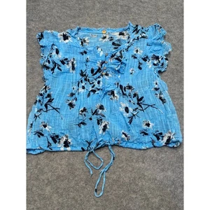 Blusa Free People Top Mujer Grande Azul Estampado Naya Volantes Botón Floral - Imagen 1 de 8