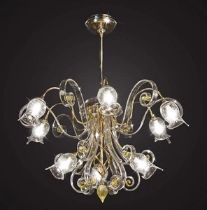 LAMPADARIO MURANO E CRISTALLO TRASPARENTE E AMBRA A 9 LUCI BGA 1726 - Picture 1 of 1