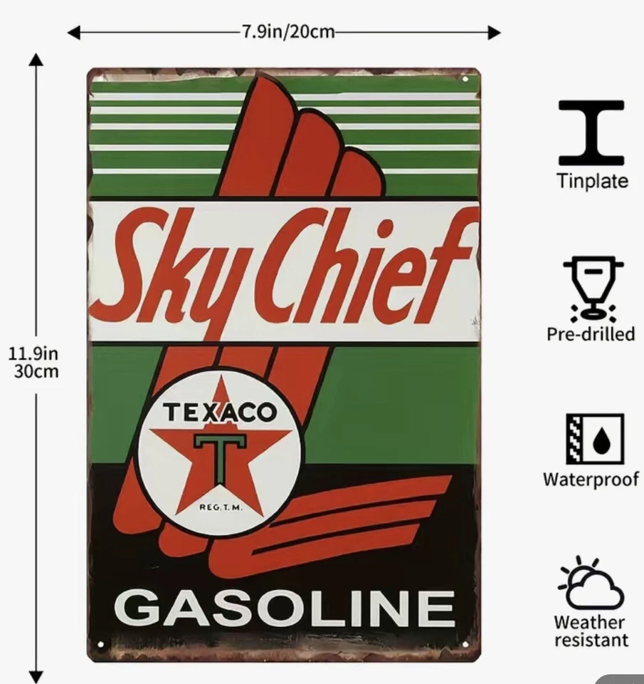 Letrero de hojalata de gasolina Texaco Oil Company Sky Chief 8”x12” Compra más y ahorra hasta un 15% Foto 1 de 1