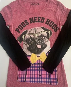 Girls Top Mudd Size 14 Pugs Need Hugs Long Sleeve Top Shirt - Picture 1 of 4