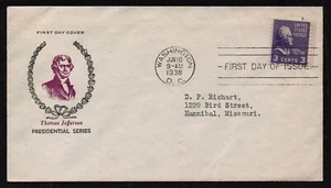 USA, SCOTT # 807, FIDELITY FDC COVER YEAR 1938 THOMAS JEFFERSON PORTRAIT WREATH - Picture 1 of 1