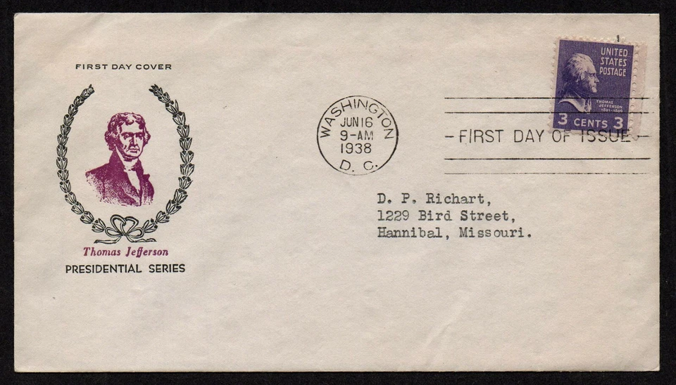 USA, SCOTT # 807, FIDELITY FDC COVER YEAR 1938 THOMAS JEFFERSON PORTRAIT WREATH - Image 1 of 1