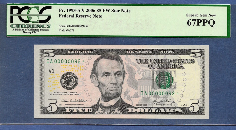 2006  $5 "STAR" W/LOW S/N ♚♚IA00000092*♚♚  PCGS SUPERB GEM NEW 67 PPQ - Image 1 of 3
