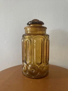 Vintage L.E. Tarro de cocina Smith de vidrio ámbar prensado estrellas de luna años 60 - Imagen 1 de 8