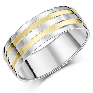 Men\'s Sterling Silver Ring & 9ct Gold Stripe Patterned 8mm Band - Picture 1 of 2