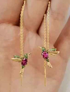 2Ct Pear Cut Lab Created Ruby Bird Linear Dangle Earrings 14K Yellow Gold Plated - Picture 1 of 9