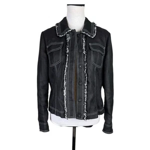 Worth 14 Black Woven Tweed Contrast Fringe Trim Snap Button Fashion Jacket - Picture 1 of 10