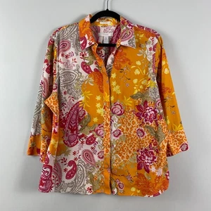 Camicia Chicos senza ferro con bottoni taglia 3 US XL arancione multi floreale maniche a 3/4 - Foto 1 di 9