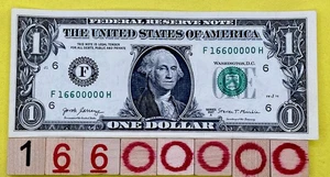 Solid Five in a Row 0s Quints 6s 16600000 Fancy Serial Number $1 Dollar Bill FRN - Picture 1 of 9