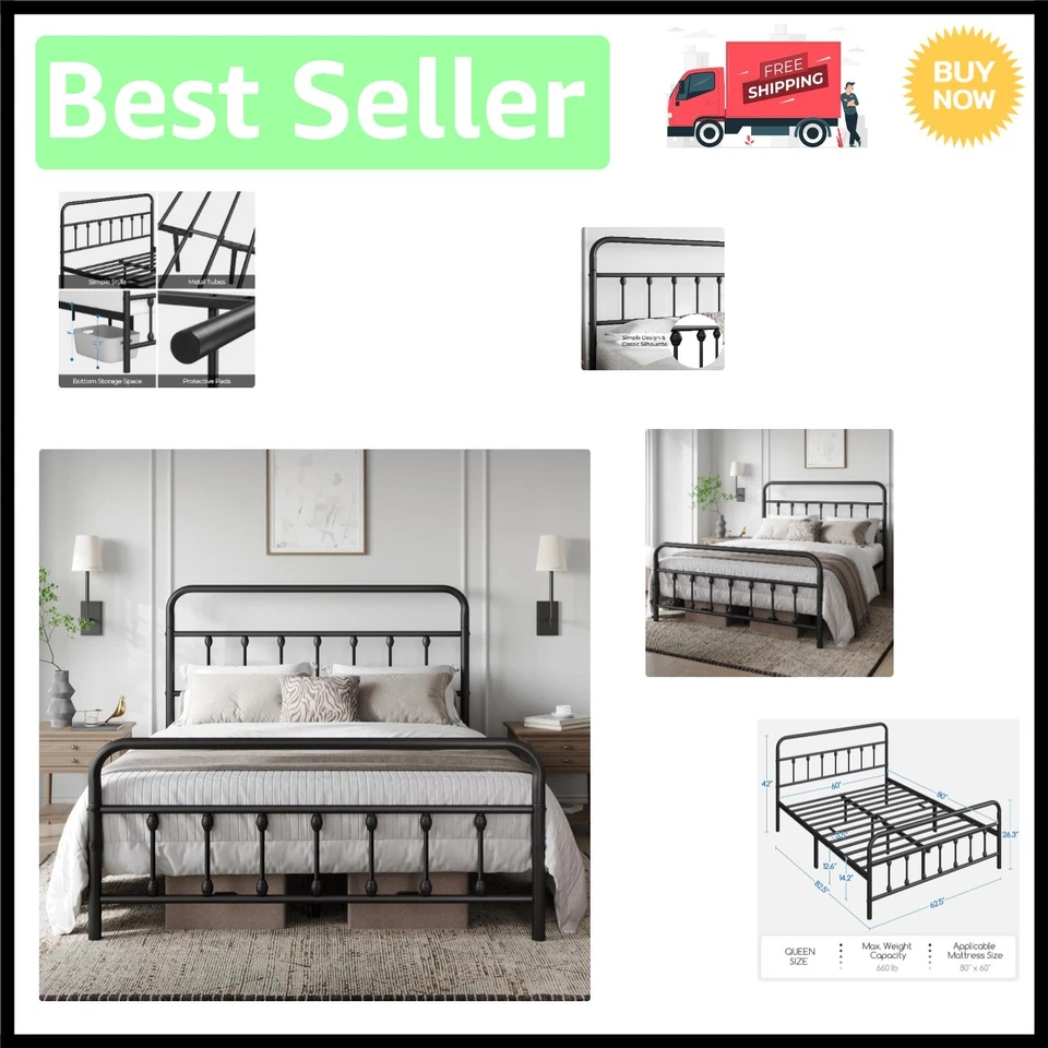 优雅大号金属平台床架带维多利亚床头板,无盒弹簧 — 第 1/4 张图片