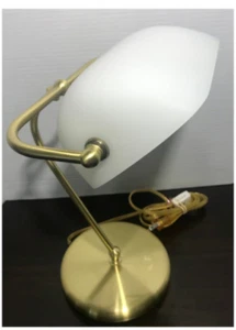 Vintage Milk Glass Shade & Gold Finish Gooseneck Bankers Table Lamp - Picture 1 of 8