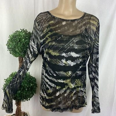 Lynn Ritchie 100% Silk Green & Black Sheer Long Sleeve Tee Shirt Top XL - Image 1 of 4