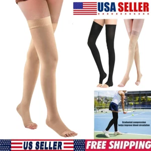 Open Toe Thigh High Compression Socks for Swelling Relief & Recovery Unisex - Picture 1 of 12
