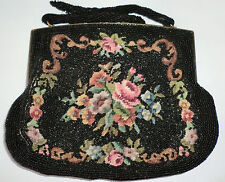 Vintage Bag Purse Black Satin Lined Cross Stitched Flowers Glass Beads  Repair