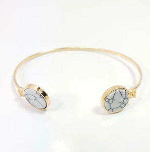 B0056 Gold Tone Metal White Turquoise Design Double Circle Accent Cuff Bracelet - Picture 1 of 3