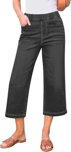 Capri Jeans for Women Wide Leg High Waisted Pull on Trendy Stretchy Denim Elasti - Picture 1 of 17