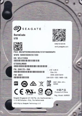 ST5000LM000 p/n: 2AN170-566 s/n: WCJ f/w: 0001 WU OCT 2018 5TB SATA 2.5" SEAGATE - Image 1 of 4